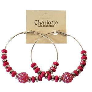 Large Pink Beaded Hoop Earrings 3" Silver Tone Rhinestone Accent Pierced Trendy